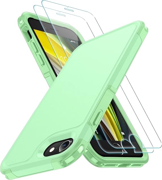 xiwxi iPhone SE Case 2022/3rd/2020,iPhone 8/7 Case,with [2xTempered Glass Screen Protector] [360 Full Body Shockproof ] [Heavy Dropproof],Hard PC+Soft Silicone TPU+Glass Screen Phone case-Mint Green