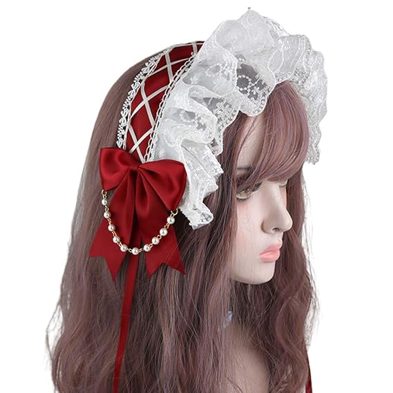 Cosplay Hair Accessories Maid Lace Hair Accessories with Bowknot,Lace Pearl Headband Sweet Ruffled Hair Band