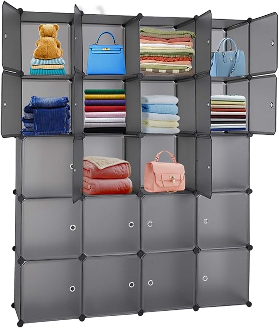 AMOPA 20 Cube Organizer Stackable Plastic Cube Storage Shelves Design Multifunctional Modular Closet Cabinet with Hanging Rod Gray, Grey