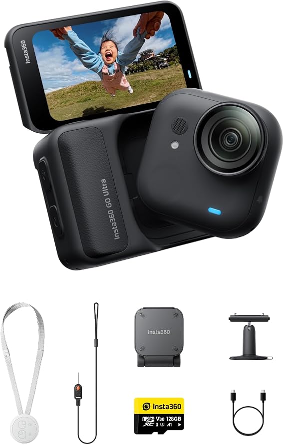 Insta360 GO Ultra Essentials Bundle - Small 4K Vlogging Camera, Hands-Free, POV Cam, 1/1.28" Sensor, 53g Lightweight, 156 FOV, 200 Min Battery Life, Magnetic Wearable Action Camera for Sports, Vlog