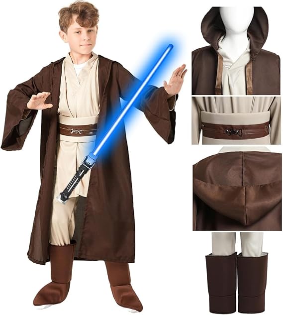 Kuberas Kids Costume Tunic Hooded Robe Pants Belt Shoes Cover Lightsaber Halloween Cosplay Outfit Boys 3-12 Years