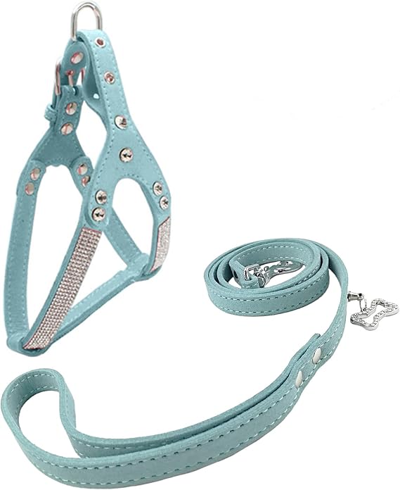 Fashion Dog Harness with Diamante and Leash Bling Cute Dog Harness Puppies Harness with Lead for Dogs - Blue - L