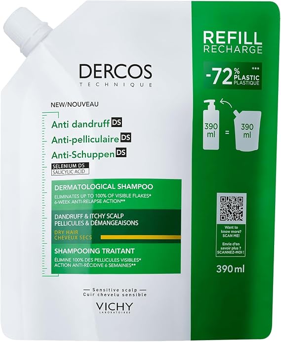 VICHY Dercos Anti Dandruff Kuru Saçlar İçin Kepek Karşıtı Bakım Şampuanı Yeniden Dolum Paketi 390 ml