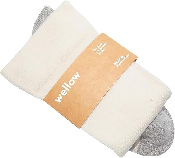 Wellow Wide Calf Compression Socks for Men & Women, 18-25 mmHg Made with Viscose from Bamboo, Nurses & Pregnancy Support, Relieves Swelling, Knee High, XL, Egret - Solids