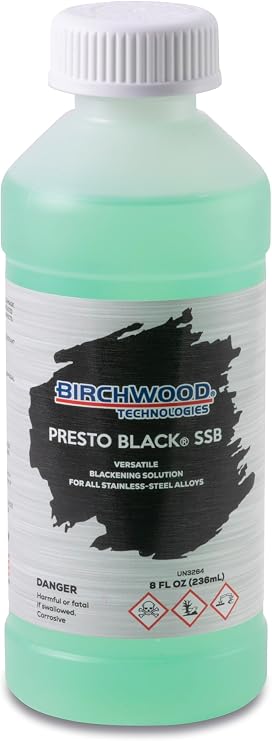Birchwood Presto Black Stainless Steel Blackener (SSB) - cold brush on blackening solution for STAINLESS alloys, traditional patina stainless black oxide touch-up (8 oz)