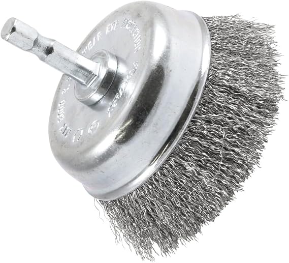 Forney 72732 Wire Cup Brush, Fine Crimped with 1/4-Inch Hex Shank, 3-Inch-by-.008-Inch
