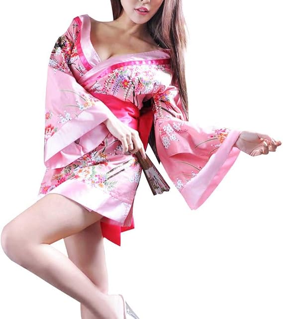 Kimono Costume Adult Japanese Geisha Floral Patten Gown Blossom Bathrobe Sleepwear With Obi Belt