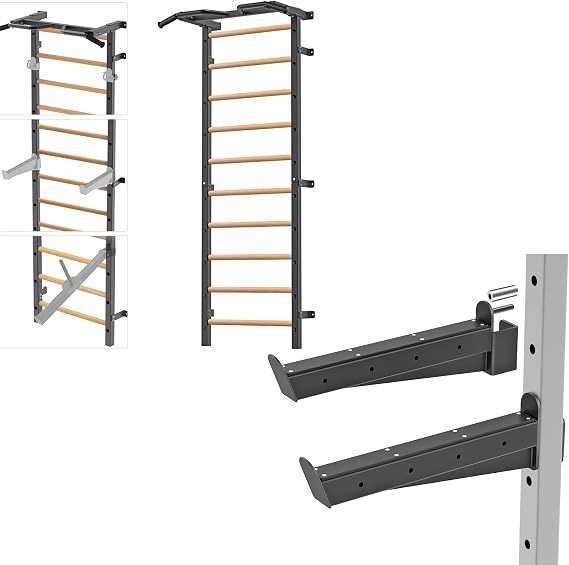 Kipika Gymnastic Stall Bar & J-Hooks Bundle - Swedish Ladder with Adjustable Dip Bar and Heavy-Duty J-Hooks for Home Gym, Fitness, and Strength Training