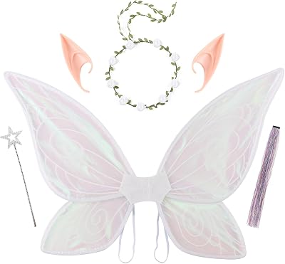 PESAAT Fairy Wings for Adult Sparkling Sheer Girls Butterfly Wings with Fairy Hair Tinsel,Elf Ears,Flower Garland,Wand