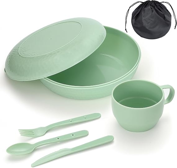 HOMQUEN 6-Piece Camping Mess Kit with Bowl, Plate, Cup, Spoon, Fork, Knife and Carry Bag, Plastic Camping Accessories Essentials Gear for Travel, Camping, Picnic, Outdoor, Easy to Carry & Store