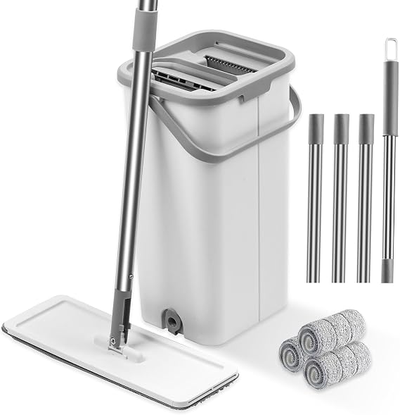 Flat Mop and Bucket System, Separates Dirty and Clean Water, Hands-Free Floor Mop and Bucket with Wringer Set for Home, Include 3 Reusable Microfiber Mop Pads, Home Cleaning for All Floor Types (F)