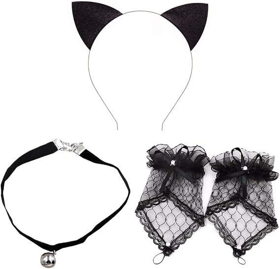 ZTL Cat Ears Headband Bell Choker Lace Fingerless Gloves Set for Cosplay Costume