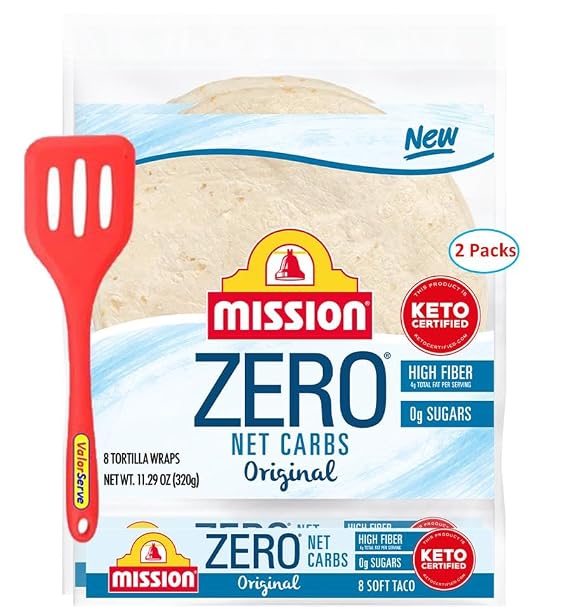 Mission Zero Net Carbs Original Flour Soft Taco Tortillas, 8 Count, 8" - 2 Packs (16 Tortillas) with ValorServeTM Mini Kitchen Utensil - Keto Friendly Low Carb Tortillas
