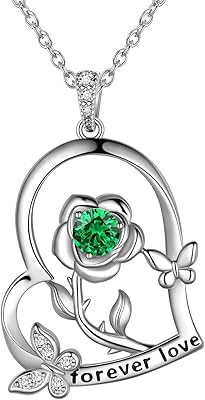925 Sterling Silver Heart Rose Flower Birthstone Necklace for Women Butterfly Pendant Necklace Elegant Rose Promise Necklace Birth Stone Necklace Rose Flower Jewelry Christmas Gifts for Women Mom Her