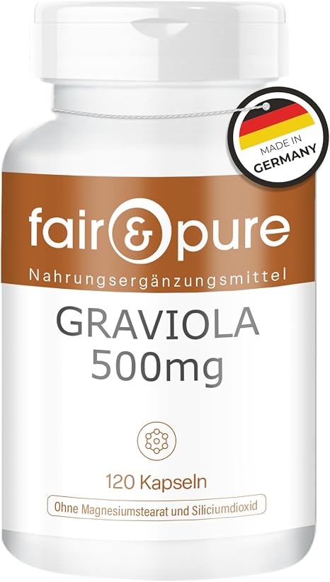 Fair & Pure Graviola 500 mg Daily Dose 120 Capsules Dietary Supplement Vegan without Magnesium Stearate Made in Germany
