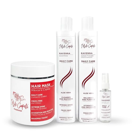 I Belli Capelli Ravenna Aloe Vera Shampoo, Conditioner, Hair Mask & Repair Oil Set Deep Moisture, Breakage Reduction for Dry, Damaged & All Hair Types - Paraben-Free (4-Pack)