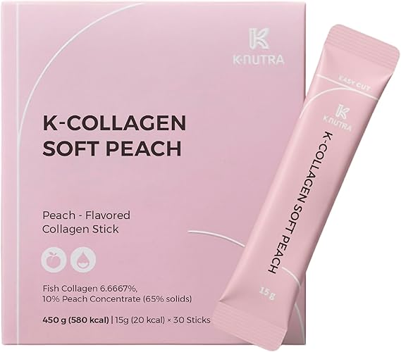 K-Nutra K-Collagen Soft Peach (15.9oz, 30 Sticks) - Skin, Hair, Nail Health, Tasty Jelly, Fast Absorption. Low-Molecular Marine Collagen, Vitamin C