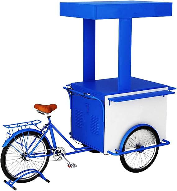 Blue, Large Food Bike Cart Street Sale Mobile Tricycle Cart, Mobile Vending Truck, Vending Tricycle to Flowers, Toys, Food, Drinks, Breakfast, Hot Dogs, Bread, Tacos