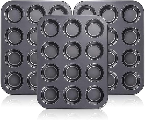 Kingrol 12-Cup Muffin & Cupcake Pans, Set of 3 Baking Pans, Non-stick Bakeware, 1.1" Deep