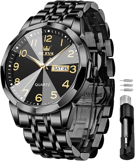 OLEVS Watches for Men Stainless Steel Analog Quartz Waterproof Luminous Luxury Dress Date Diamond Business Casual Mens Wrist Watch（Gold/Blue/Black/White Dial）