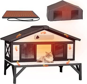 Heated Cat House for Outside with Porch Weatherproof Kitty Shelter with Heating Pad Insulated Liner Large Feral Cat Shelter with Escape DoorBlack & White