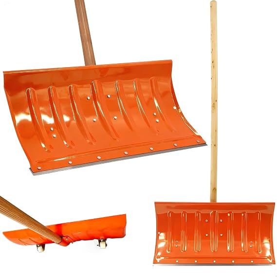 Snow Shovel Heavy-Duty Manganese Steel Shovel with Dual Wheels, 120cm Long Wooden Handle - Multi-Purpose Yard Scraper, Snow Pusher, and Garden Tool (Orange-Edged)