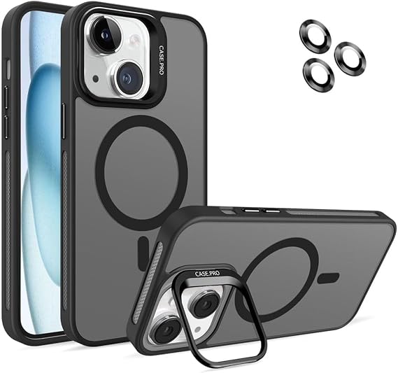 MADNOVA iPhone 13 için Kılıf Kamera Korumalı Magsafe Wireless Şarj Özellikli Lens Hediyeli Mat Şeffaf Renkli Standlı Kılıf (SİYAH)