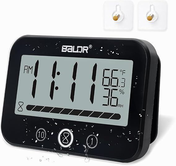 Countdown Clock and Timer, Visual Bathroom Timer,Small Kitchen Wall Clock, Temperature Humidity Clock, Moisture Proof Timer for Shower, Loud Timer with Light Flash Alarm (Black)