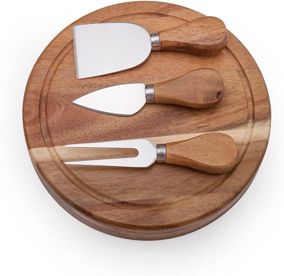 ILEAF Round Slide-Out Acacia Wood Cheese Board and 3 Piece Cheese Tool Set, 7.5 inch Diameter