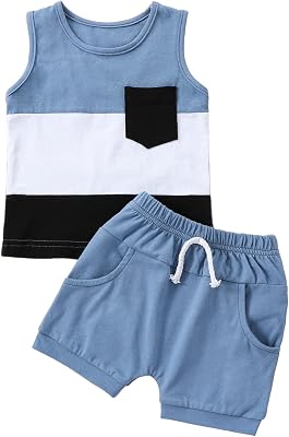 fhutpw Toddler Baby Boy Clothes Summer Contrast Color Tank Tops Elastic Shorts Sets Infant 2 Piece Sleeveless Shirt Outfits