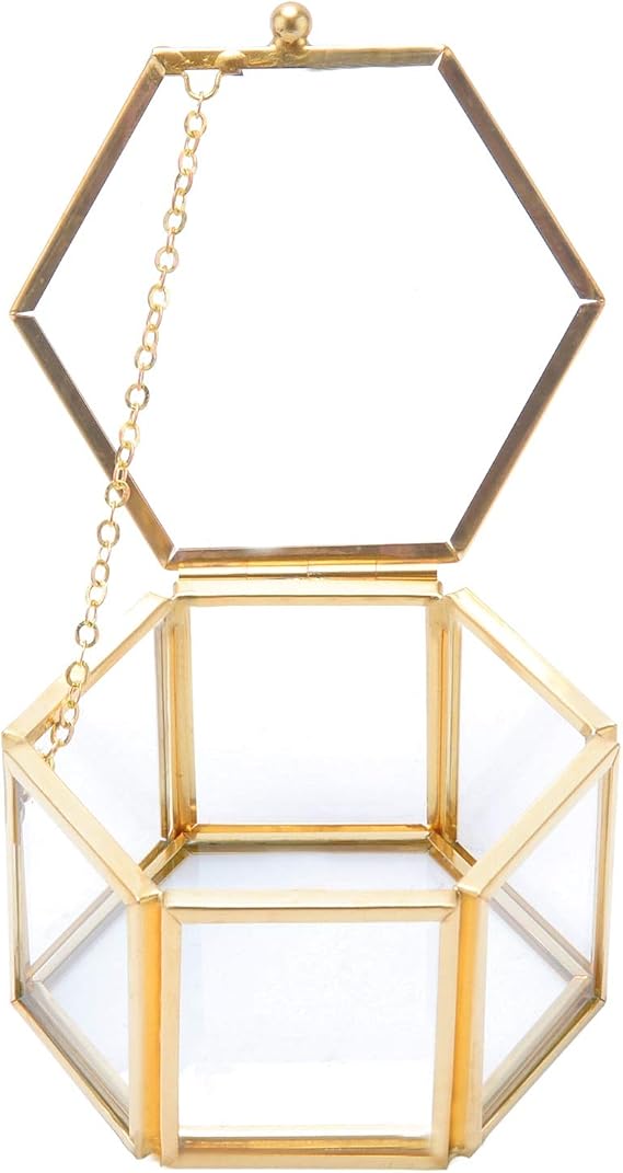 HighFree Copper Glass Vintage Ring Box, Hexagon Golden Geometric Jewelry Organizer, Bracelet Ring Display Small Box for Storage Trinket, Ring, Earring, 3.15x2.7x1.85 inch