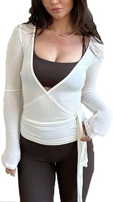 Ballet Wrap Top for Women Pilates Yoga Workout Slim Fit Front Cross Tie Shirts Long Sleeve Shrug Cover Up Dance Top