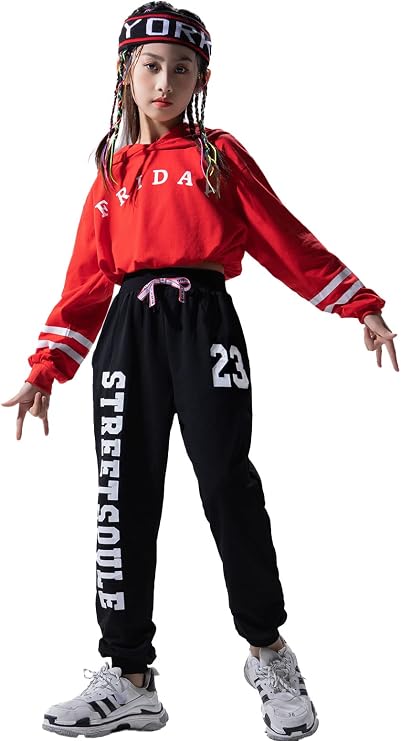 Girls 2 Pieces Outfit Hip Hop Dance Clothes Kids Cropped Hoodie Sweatshirt Sweatpants Jogger Dance wear Tracksuit Set (Red, 8-10)