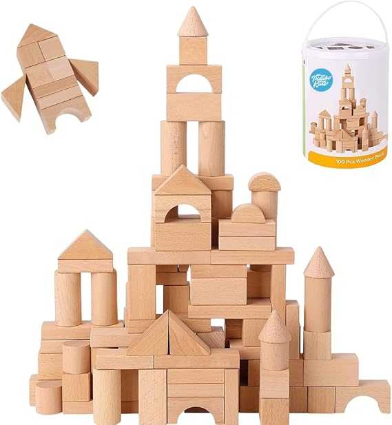 100 Pcs Wooden Blocks for Toddlers 1-3 Building Blocks for Kids | Storage Container with Shape Sorter Lid - Natural Beech Wood Blocks - Preschool Learning Toys Stacking Block