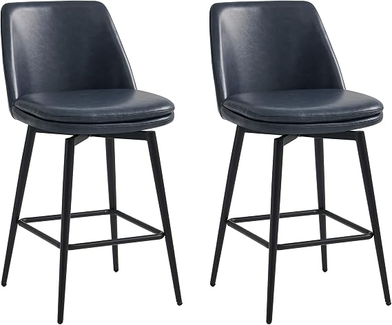 CHITA Swivel Bar Stools, 27.2" Counter Height Bar Stools Set of 2, FSC Certified Upholstered Modern Counter Stools, Metal Legs, Faux Leather, Blue