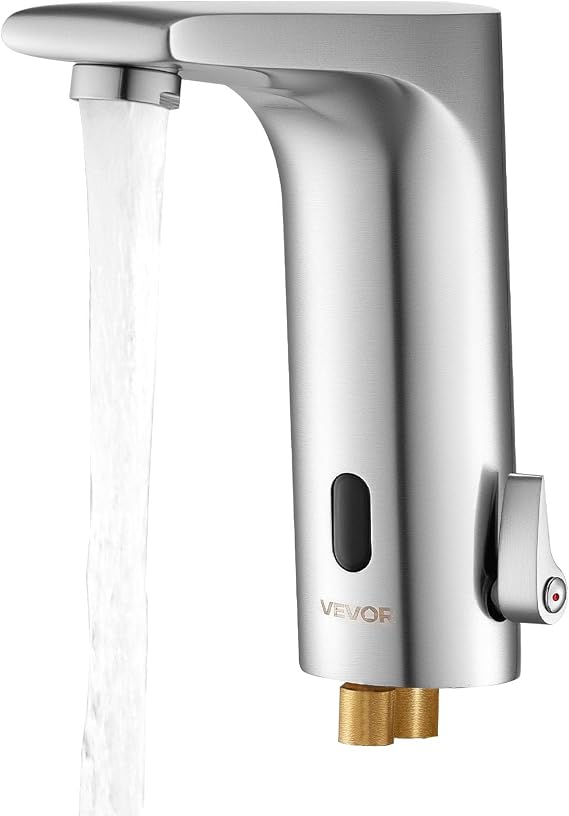 VEVOR Touchless Bathroom Sink Faucet, Automatic Motion Sensor Restroom Toilet Faucet, HandsFree Adjustable Cold Hot Single Handle Water Mixer Battery Operated for 9/16 in Pipe,Brushed Nickel Silver