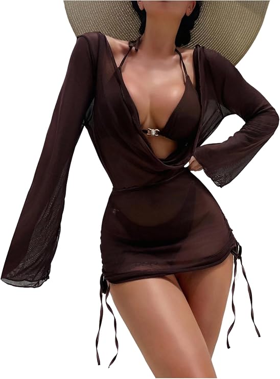 WDIRARA Women's 3 Piece Bikini Set Long Sleeve Cover Up Bathing Suit