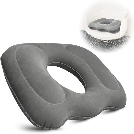 Inflatable Donut Cushion & Soft Sitter for Tailbone Pain,office indoor | Gray, 34.7x28x8.4cm, easy to inflate, central hollow cutout design, adjustable firmness, foldable for storage