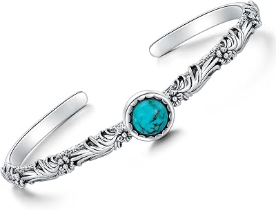 Genuine Vintage Flower Turquoise Bracelet, Sterling Silver Boho Adjustable Dainty Bangle Cuff Native American Jewelry, Fit for 6 6.5 7 7.5