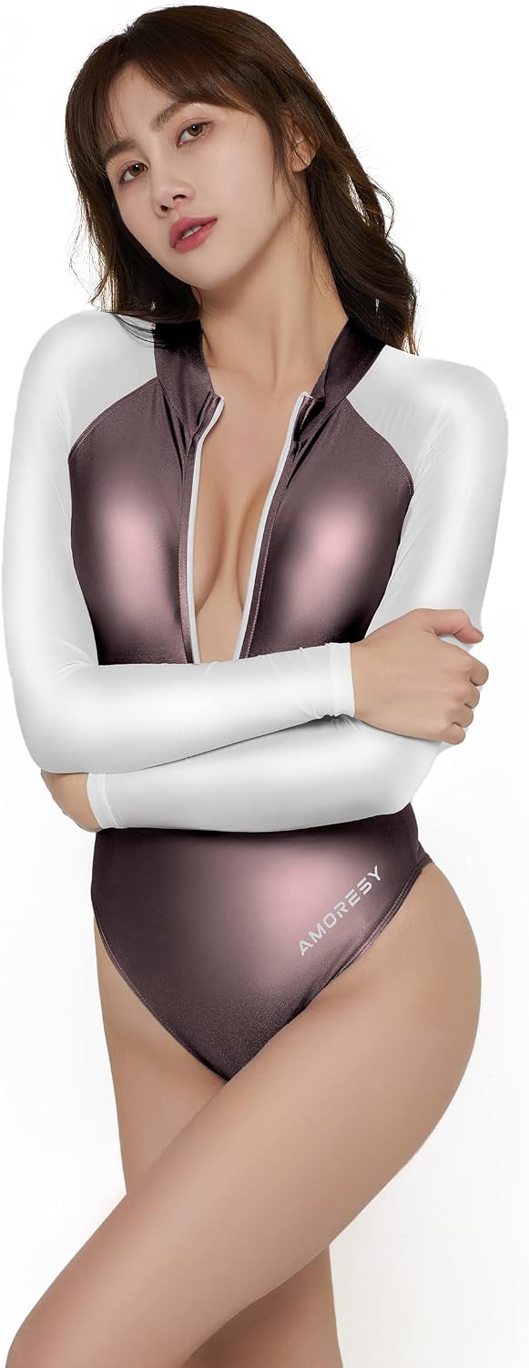 AMORESY Lachesis Series Open Chest Shiny Slim Fit Tight Belly Long Sleeve Low Fork Colorful Competition Swimsuit