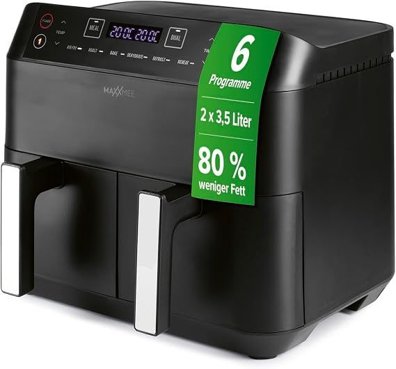 MAXXMEE Hot Air Fryer Double Basket 7.6 Litres Digital Double Hot Air Fryer with Two Chambers 2 x 3.8 Litres Simultaneous Cooking of 2 Different Meals 6 Programmes [2400 Watt]