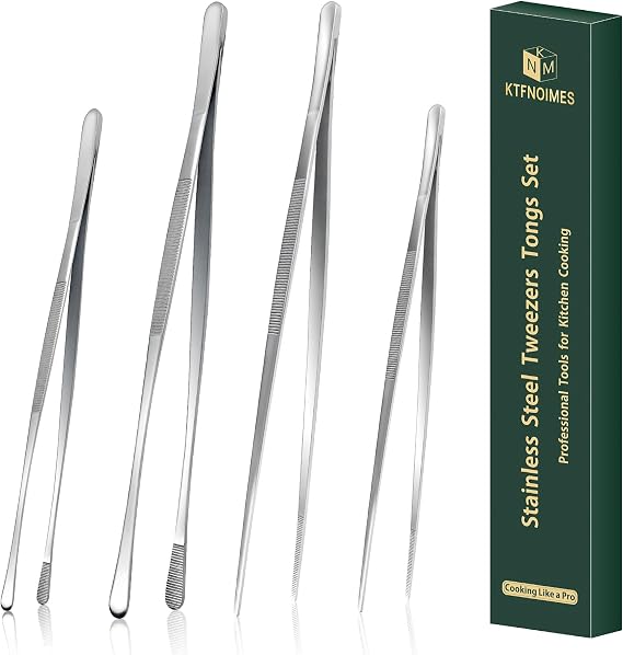 4 Pcs Kitchen Cooking tongs,12" & 10" Stainless Steel Kitchen tongs Set,Professional Food Tweezers for Cooking,Repairing,Seafood,BBQ