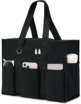 Becokan Large Tote Bag for Women Waterproof with 12 Pockets Top Zipper Closure Utility Teacher Nurse Bags for Work School