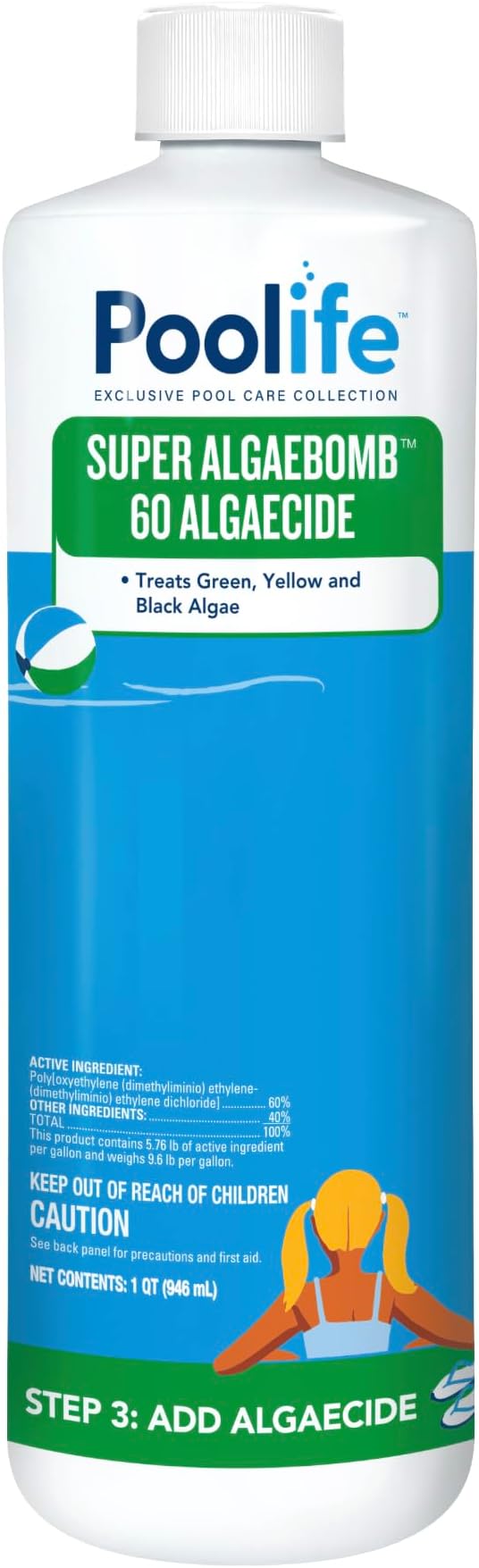Poolife Super Algae Bomb Polyquat 60 Algaecide - Fast-Acting, Non-Foaming Pool Algaecide for Green, Black, Mustard Algae - Ideal for Spas & Fountains & Winterizing - 1 qt Liquid with Long Protection