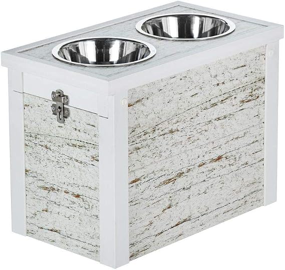 New Age Pet ECOFLEX Piedmont 2-Bowl Diner with Sliding Lid Storage Bin, Distressed Off White (EHHF307XL)