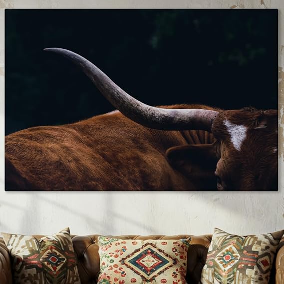 Texas Longhorn Cow Canvas Wall Art - Bull Print Home Decor - Barnhouse Wall Art - Farmhouse and Wild West Small to Extra Large Prints (Brown Longhorn, 16"L x 24"W)