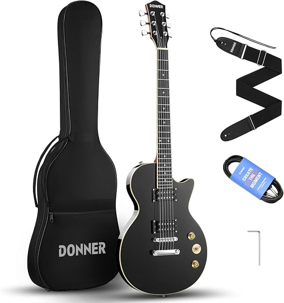 Donner DL-124 Electric Guitar, Beginner Set, LP Type, 39 Inches, Full Size, Poplar Wood, HH Pickup Configuration, Exclusive Case, Strap, Cable Included, Black