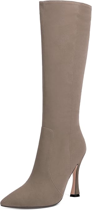 AMBELIGHT Womens Solid Pointed Toe Zip Dating Casual Suede Stiletto High Heel Knee High Boots 4 Inch