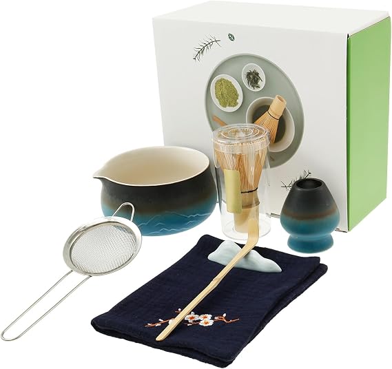 Matcha Bowl Set Traditional Ceramic for Home Trip Easy to Clean Matcha Scoop Whisk Holder Kit for Tea Lovers Beginners(Blue)