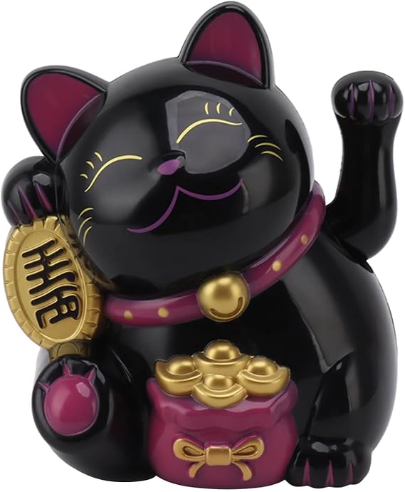 5.5inch Fortune Cat, Battery Operated Japanese Lucky Cat with Waving Arm Chinese Feng Shui Deoration Maneki Neko for Fortune Money and Good Luck, for Shop, Restaurant, Living (Black)